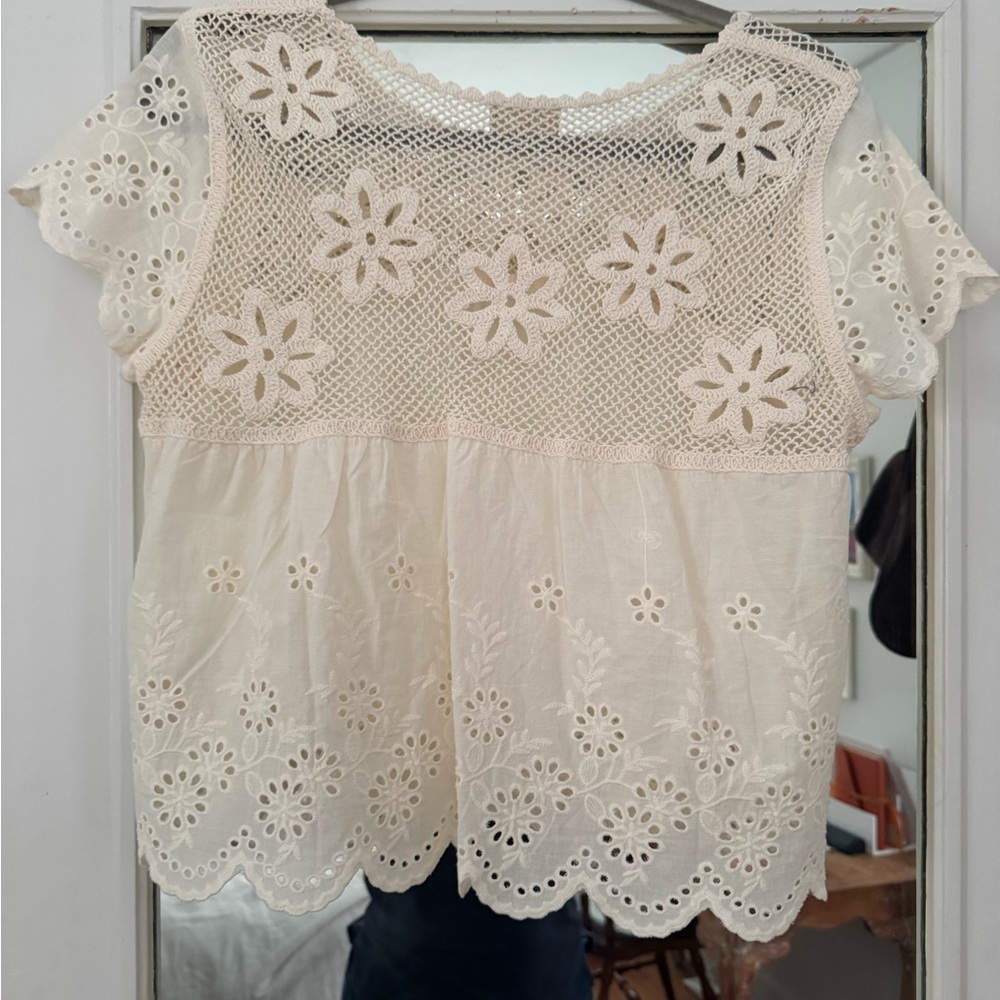 Nicole Miller Cream Floral Lace Blouse